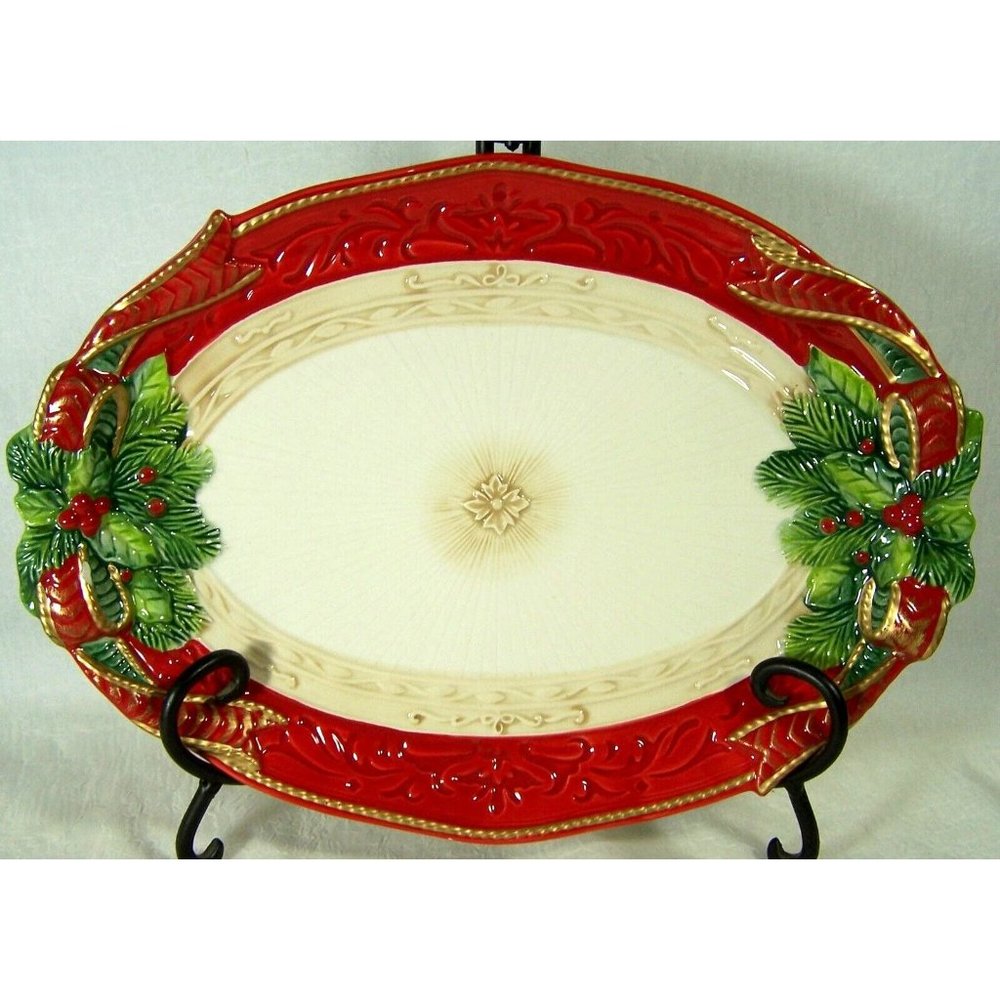 Fitz & Floyd Crimson Holiday Cookie Platter Christmas Holly Berry Decor 12" x 9"